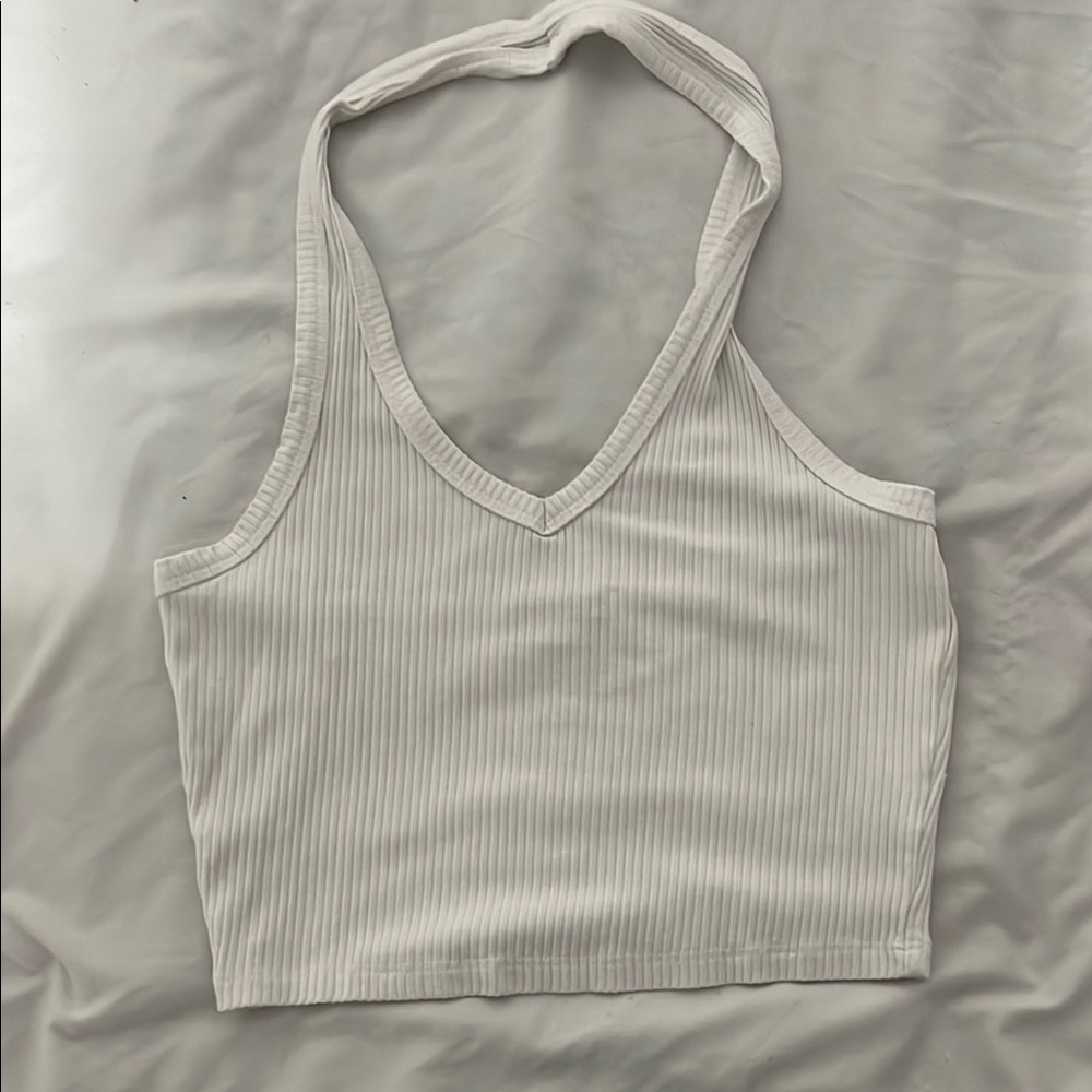 White Halter Neck Ribbed Crop Top